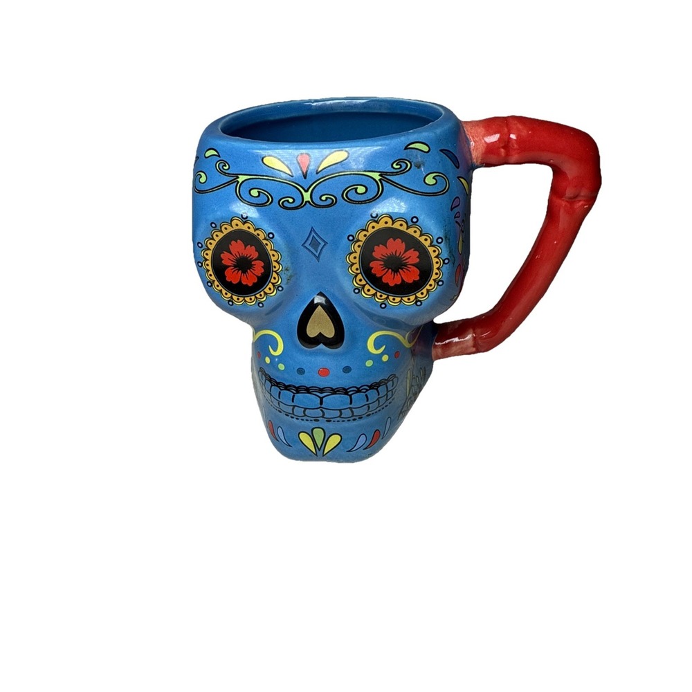 Day of the Dead Blue‎ Coffee Mug W Red Bone Handle